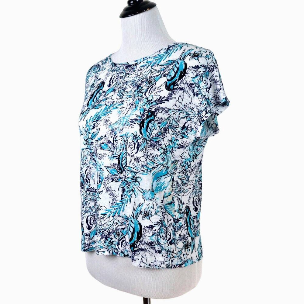 Tahari Size S Linen Slub Knit Tee Button Back Birds Flower Blue White
